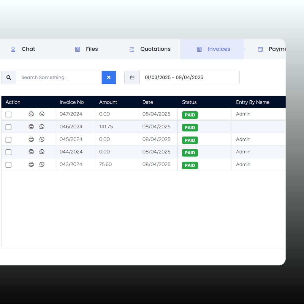 A hand interacts with a digital interface showing options for 'One click invoice and payment' with WhatsApp integration