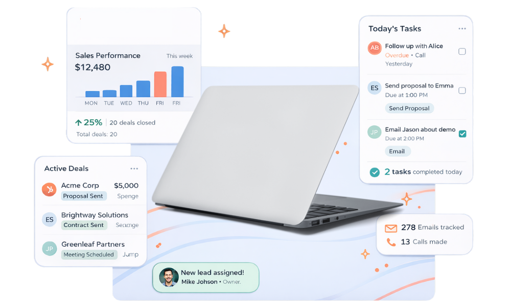 Sales AI cards showing sales performance, active deals, today’s tasks, email and call tracking